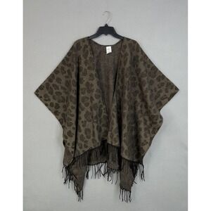 Woolrich Poncho Kimono Womens One Size Brown Leopard Fringe Cozy Wrap Shawl